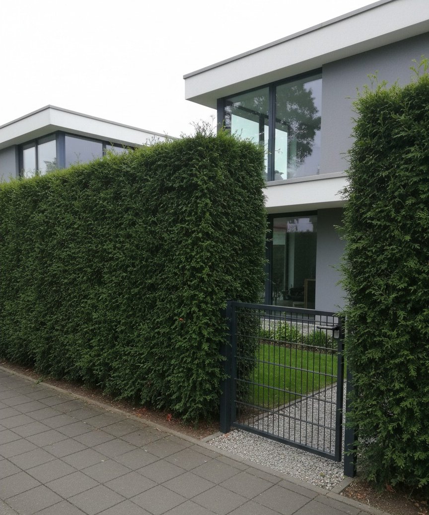 Thuja-Hecke an der Grundstücksgrenze — nach dem Schnitt