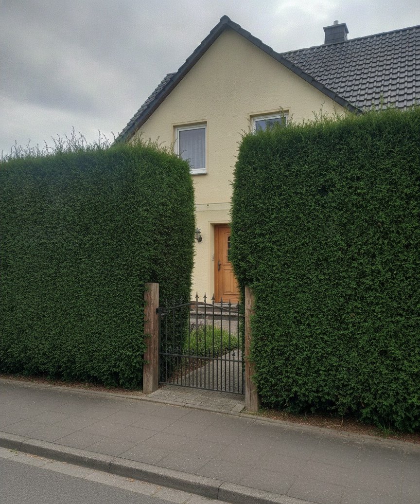 Eiben-Hecke vor Walmdach-Haus — nach dem Schnitt